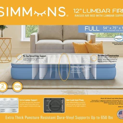 Simmons Simmons Lumbar Firm, 12" Tri-Zone Inflatable Air Mattress with Built-In Pump & Extra Lumbar Support