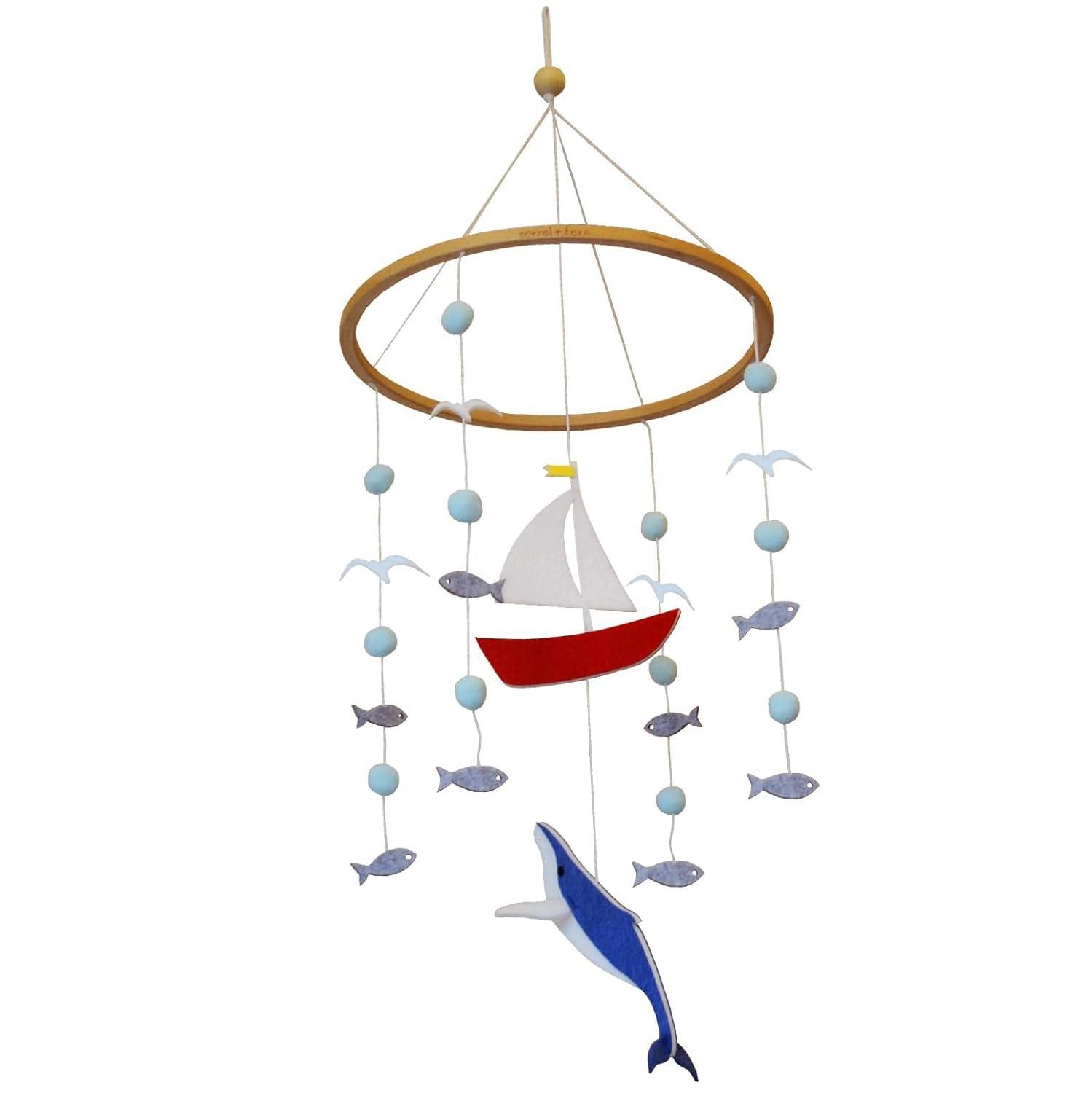 Whale and Sailboat Ocean Crib Mobile with Beechwood Frame