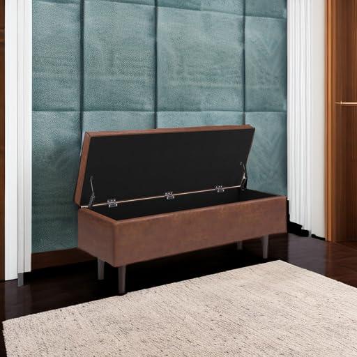 Simpli Home Shay 48 inch W. Modern Storage Ottoman in Distressed Saddle Brown Faux Leather