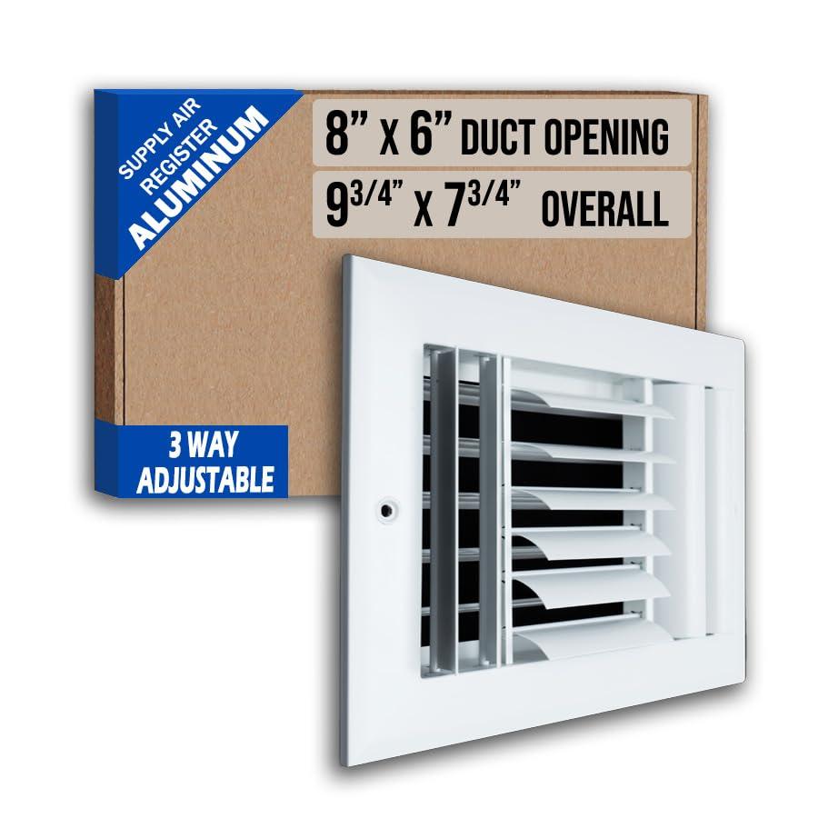 Fits 8x4 Duct Opening Aluminum 3-WAY Adjustable Air Supply Grille by Handua | Curved Blade Register Vent Cover for Sidewall & Ceiling | White | Outer Size: 9.75" X 5.75"