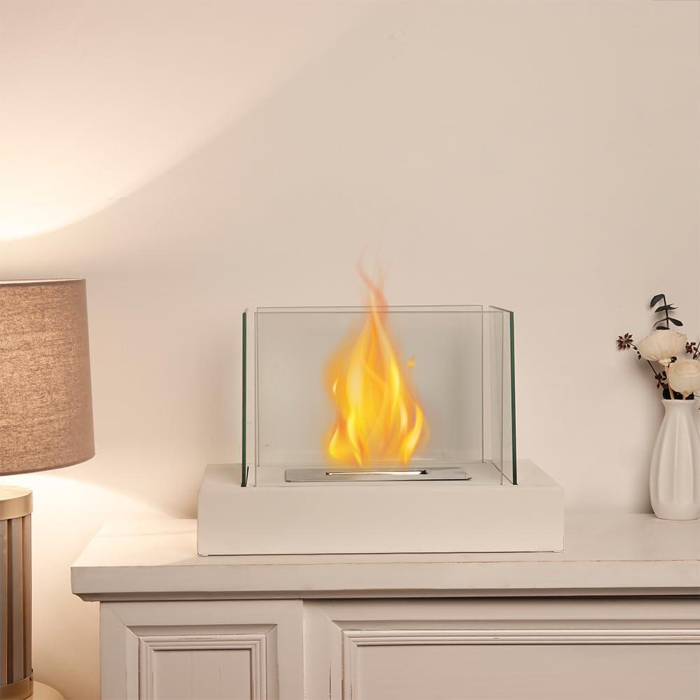 13.5" White Glass and Steel Portable Tabletop Fireplace