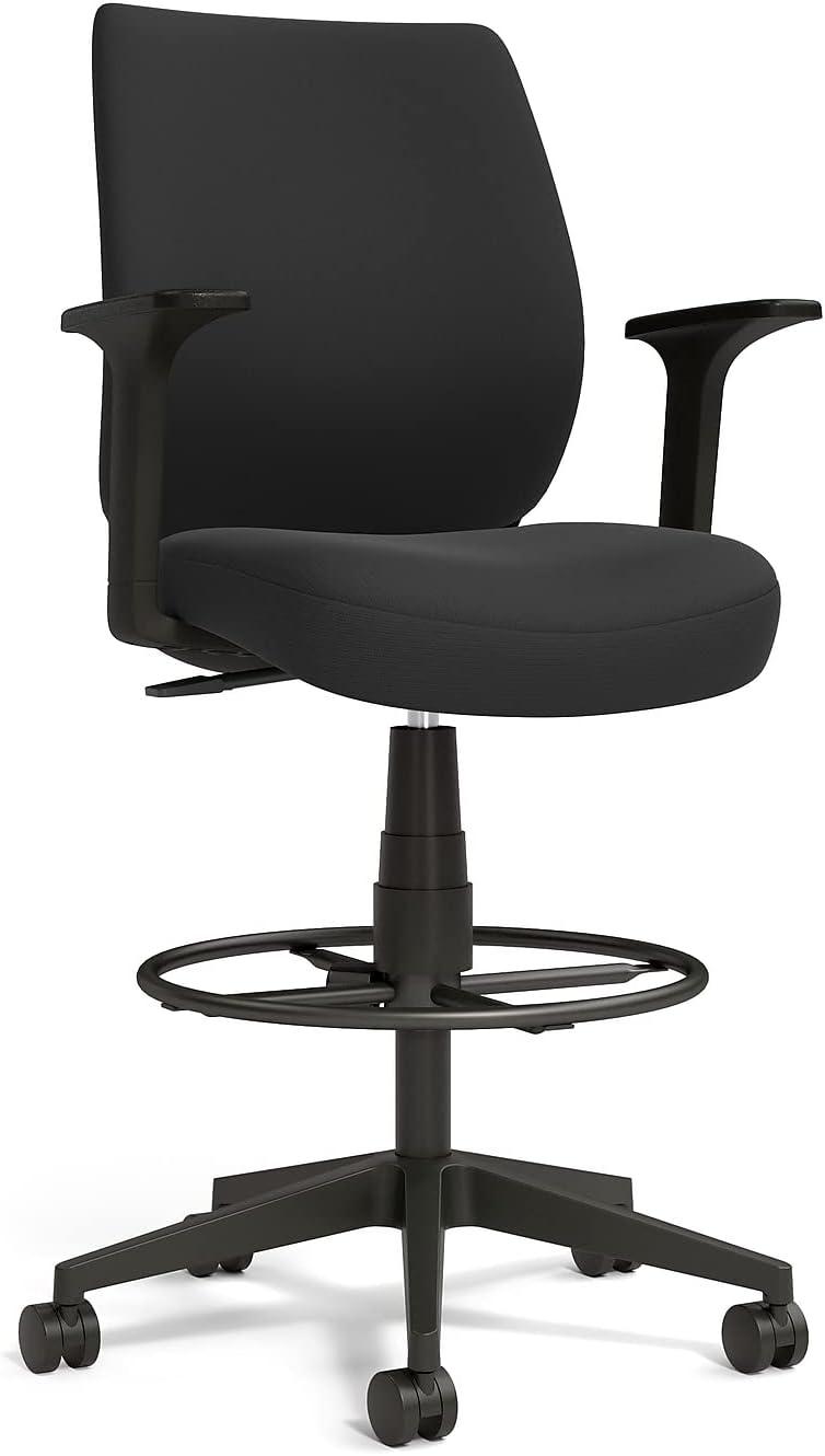 Black Fabric Adjustable Drafting Stool with Fixed Arms