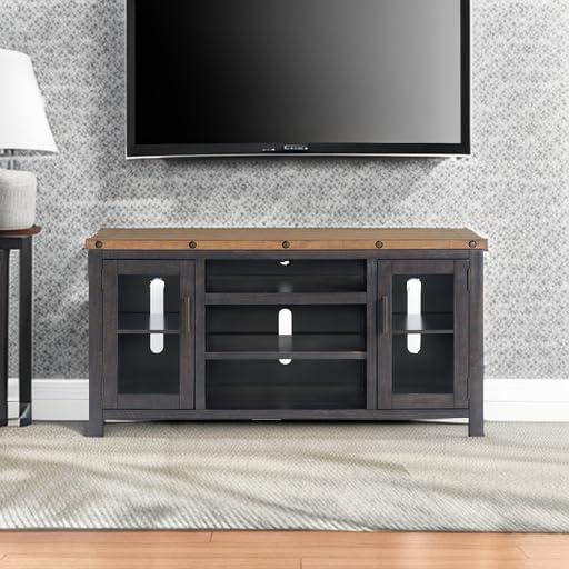 TV Stand with 2 Doors and Open Cubbies, Brown and Black- Saltoro Sherpi