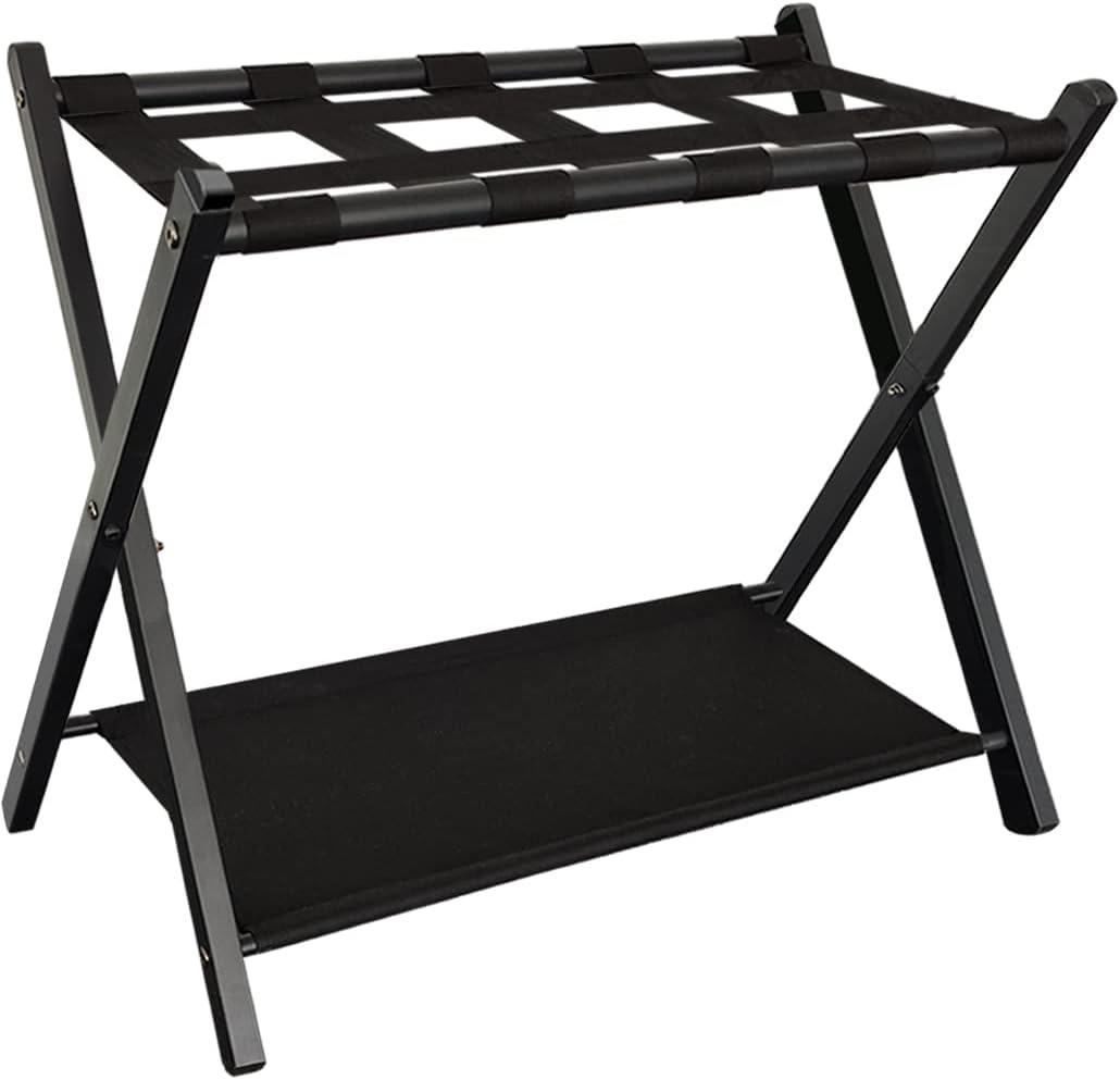 Luggage Rack, Folding Suitcase Stand for Guest, Foldable, Luggage Holders with Shelf, Steel Frame with Nylon Straps for Bedroom, Hotel, Holds up to 131 lb, Black, 1 Pack LR03801B