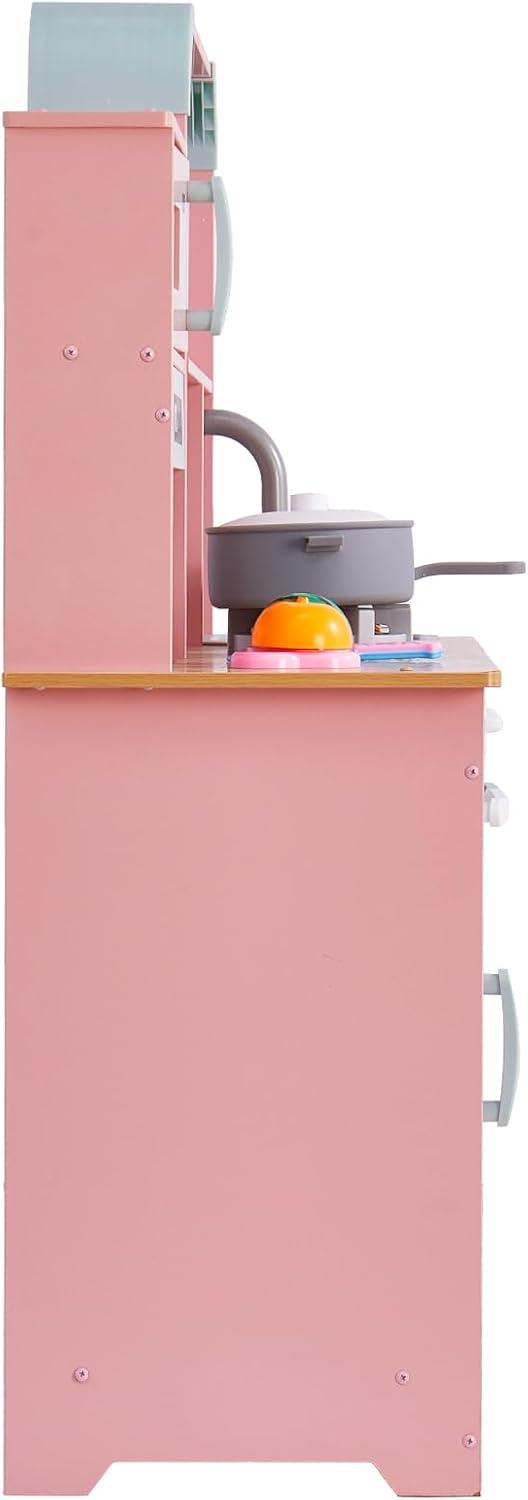 VEVOR Play Kitchen for Kids, Wooden Toy Kitchen Set with Lights and Sounds, Toddler Kitchen with Ice Maker, Oven, Sink, Microwaves, Fridge and Utensil and Fruit Accessory for Toddlers ages 3-8, Pink