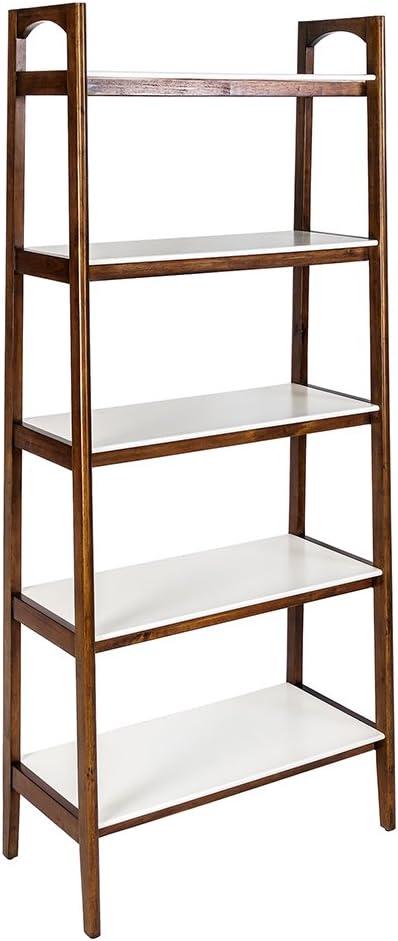 Mid-Century Pecan and Off-White Solid Wood Ladder Bookcase