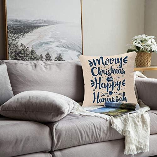 Throw Pillow Covers Festival Hand Written Lettering with Text Happy Hanukkah and Merry Christmas Hanuka Pillow Case 18x18 Inch Square Cushion Cover Pillowcase