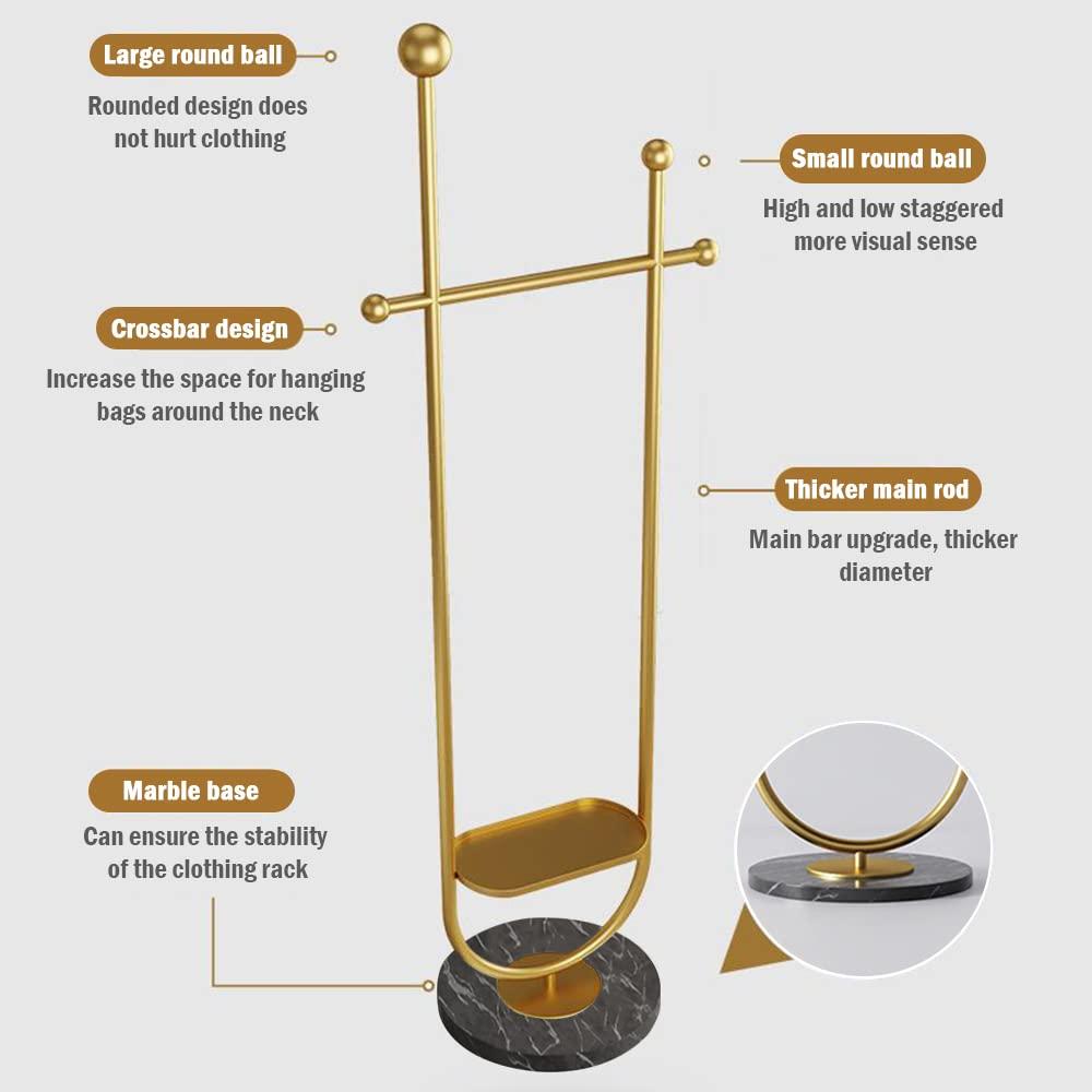 Gold Clothing Garment Rack with Marble Base and Tray, Modern Minimalist Hanging Clothes Rack, for Coats, Hats, Scarves and Handbags of Entryway, Hallway, Bedroom, Office（Golden）