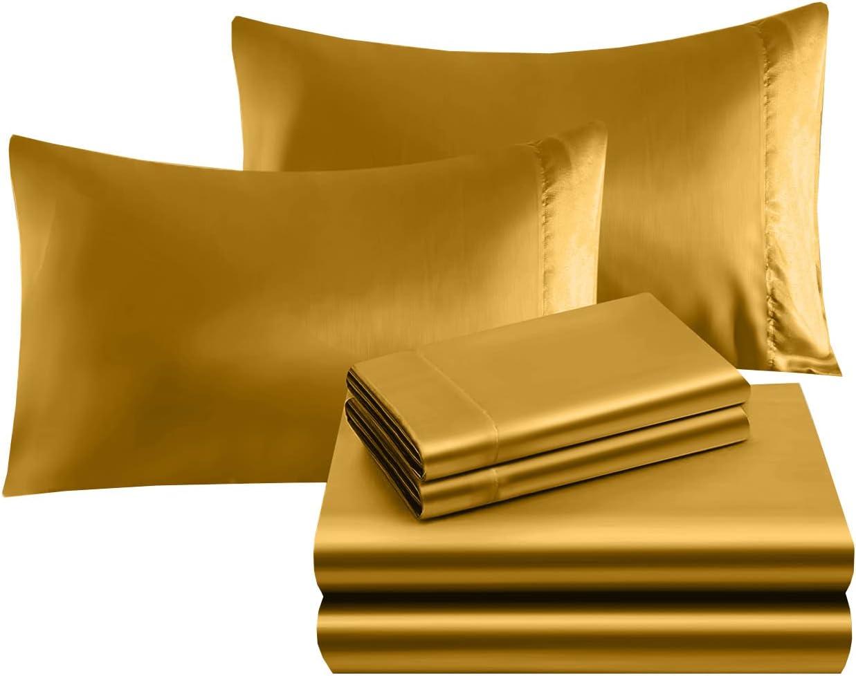 Elegant Comfort Luxurious 4-Piece Silky Satin Sheet Set Cooling Soft Satin Sheet Set, King, Gold
