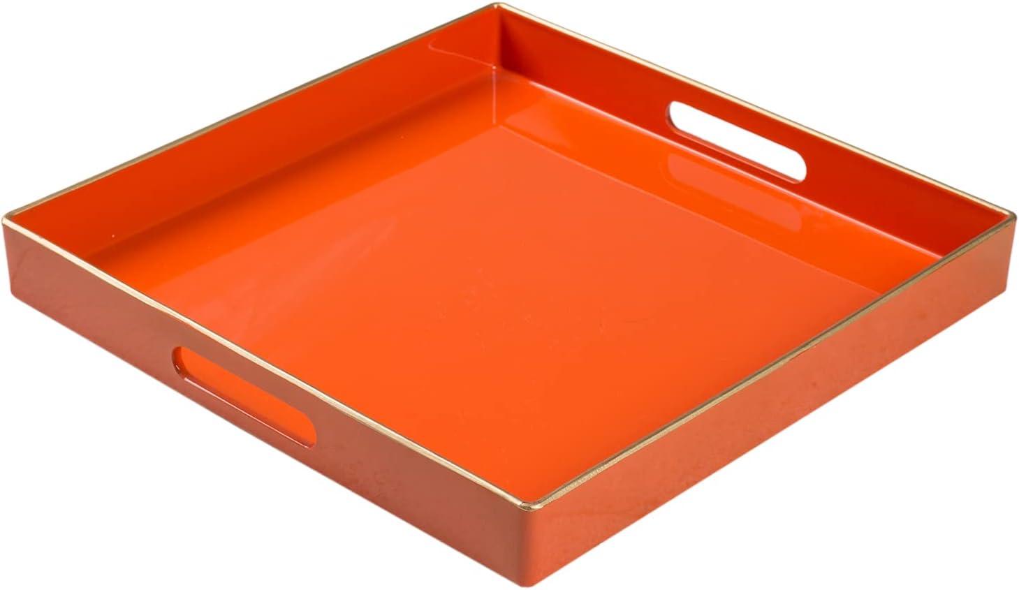 MAONAME Decorative Tray, Orange Serving Tray with Handles, Coffee Table Tray, Square Plastic Tray for Ottoman, Bathroom, Kitchen, 13"x13"x1.57"