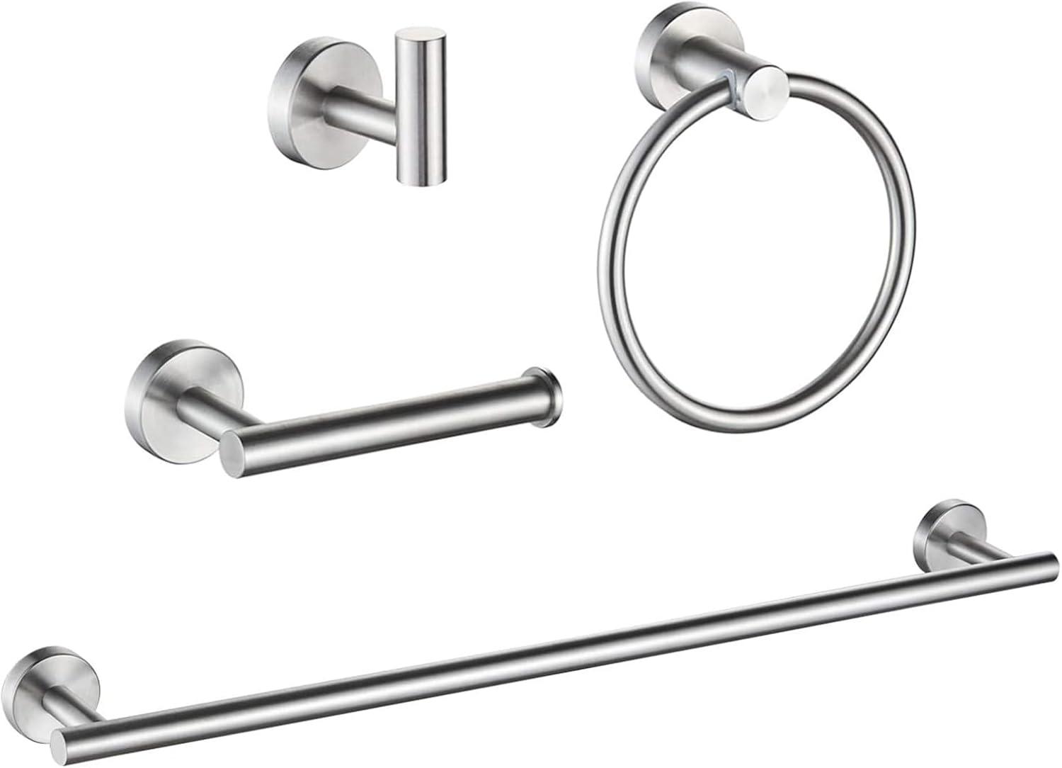 Orlif 4-Piece Bathroom Hardware Set，Brushed Nickel SUS304 Stainless Steel Wall Mounted Bathroom Accessories Kit Include Adjustable Expandable Towel Bar，Hand Towel Ring, Toilet Paper Holder, Robe Hook