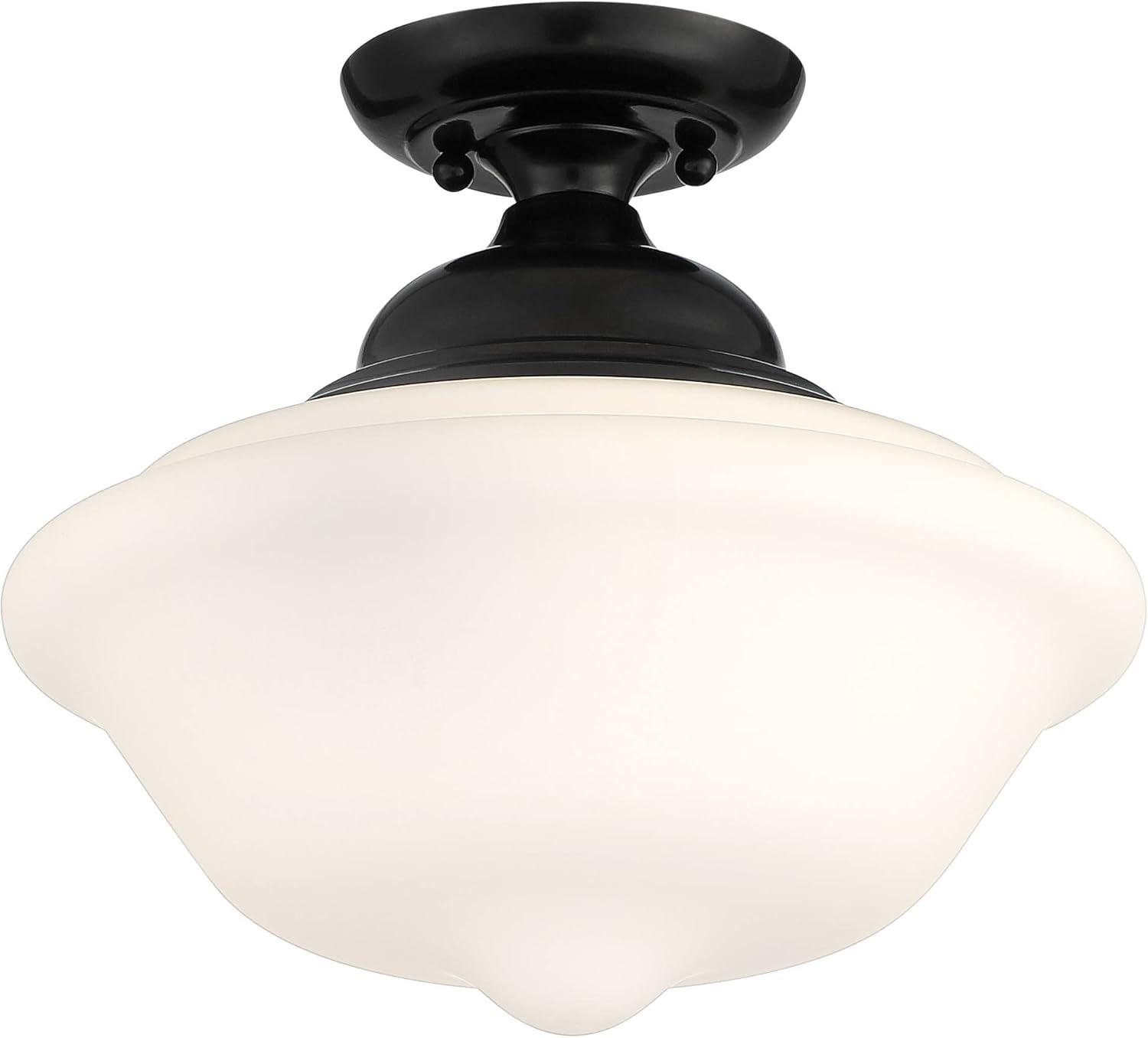 Regency Hill Vintage Rustic Farmhouse Ceiling Light Semi Flush Mount Fixture 13" Wide Gloss Black Flush White Glass Shade for Bedroom Living Room