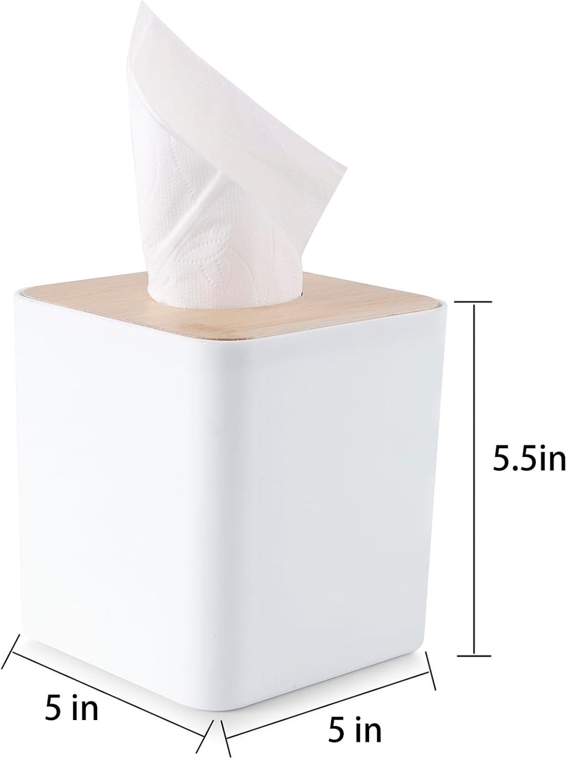 Square Tissue Box Cover,White Tissue Box Holder,Bamboo Facial Cube Box Cover for Storage on Bathroom Vanity, Countertop, Bedroom Dresser