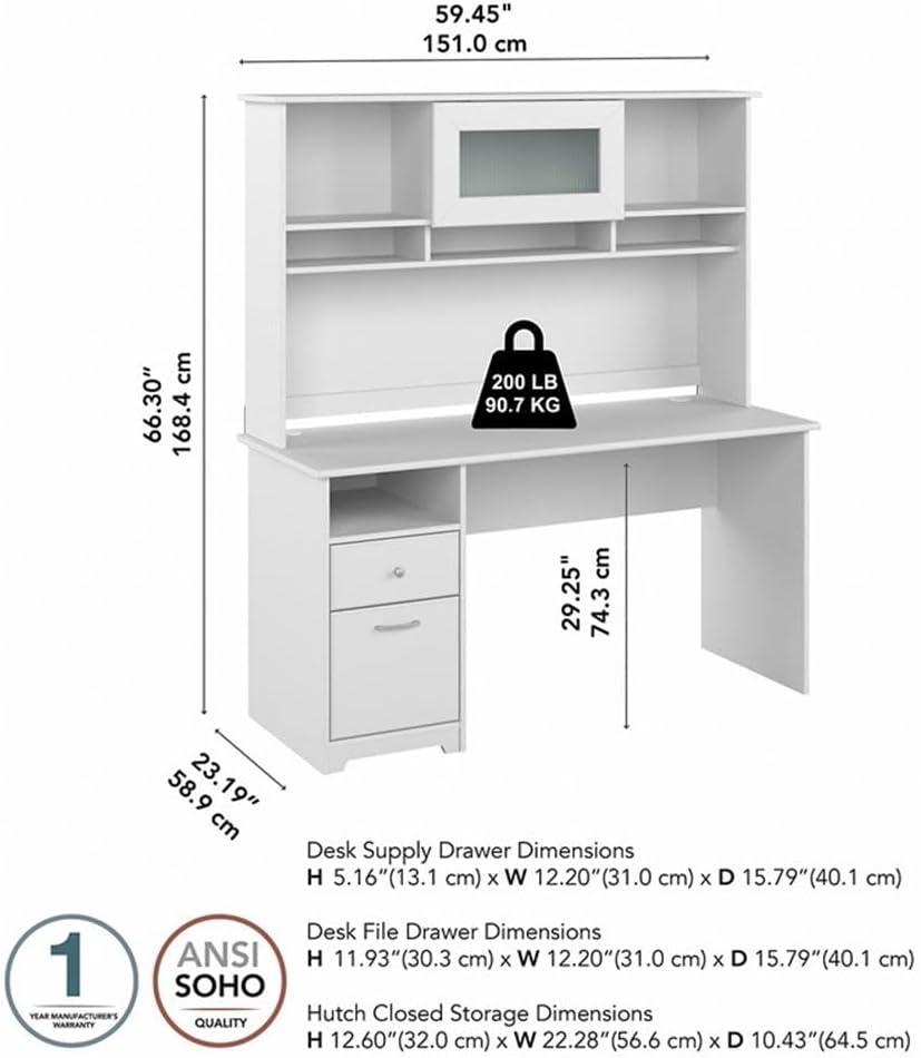 Cabot 60W Computer Desk with Hutch in White - Engineered Wood