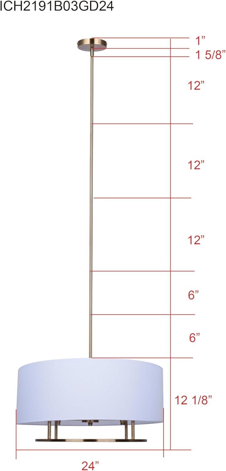 Aria Halo 3-Light Drum Chandelier, 24-Inch Wide Modern Gold Pendant with White Fabric Shade, Adjustable Height Ceiling Light