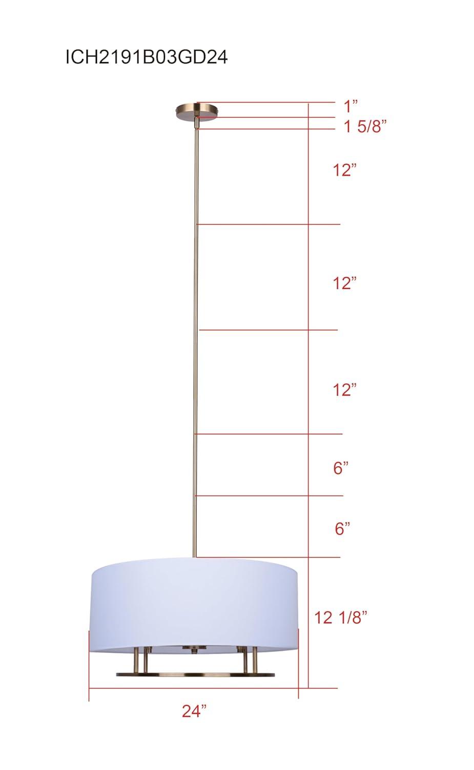 Aria Halo 3-Light Drum Chandelier, 24-Inch Wide Modern Gold Pendant with White Fabric Shade, Adjustable Height Ceiling Light