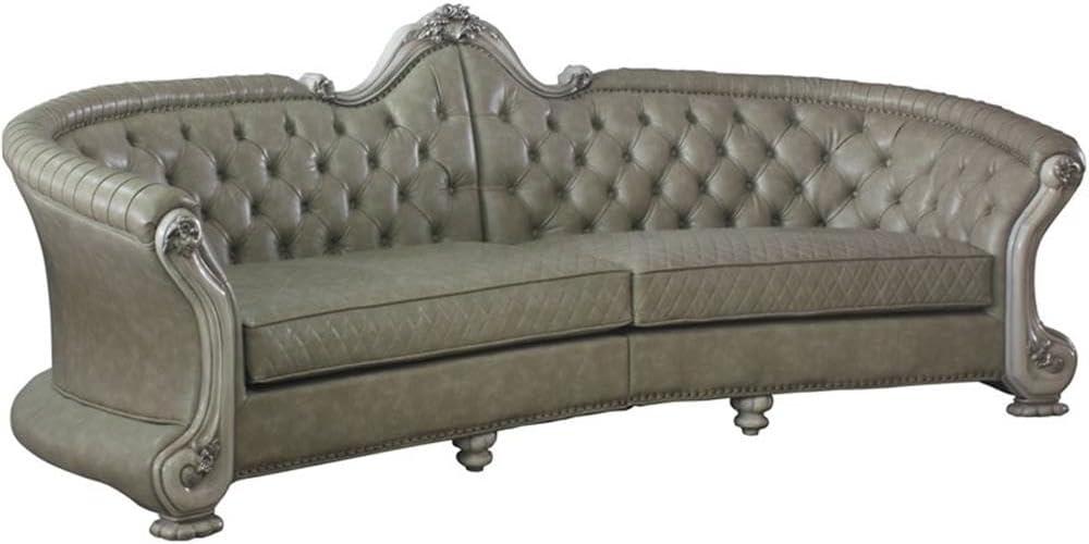 Vintage Bone White Faux Leather Tufted Sofa with Nailhead Trim