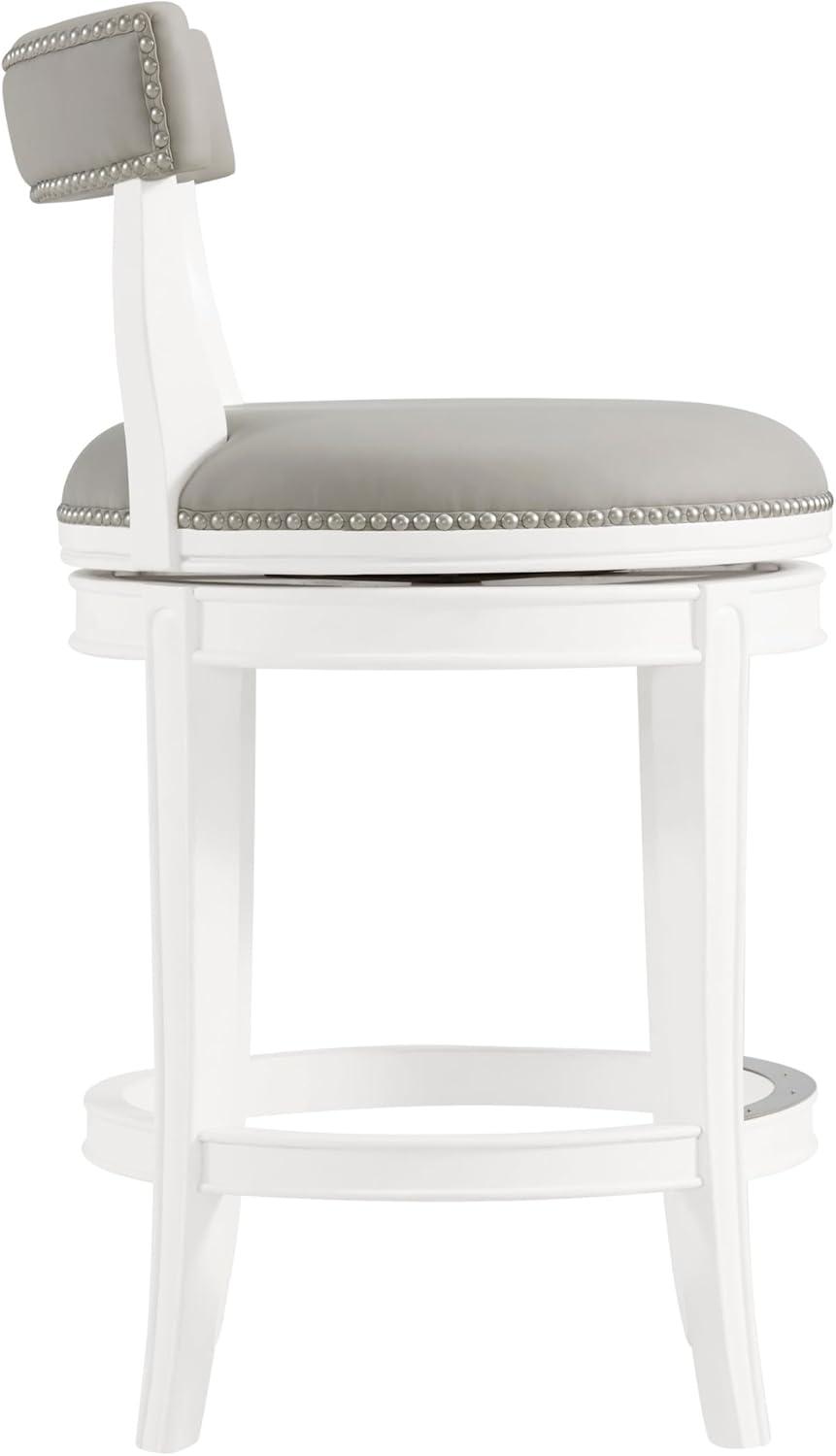 Alaterre Hanover Swivel Counter Height Bar Stool, 26-Inch Seat Height, White and Gray, Solid Rubberwood Frame with Faux Leather Upholstery, Nailhead Trim, Memory Return Swivel Mechanismv