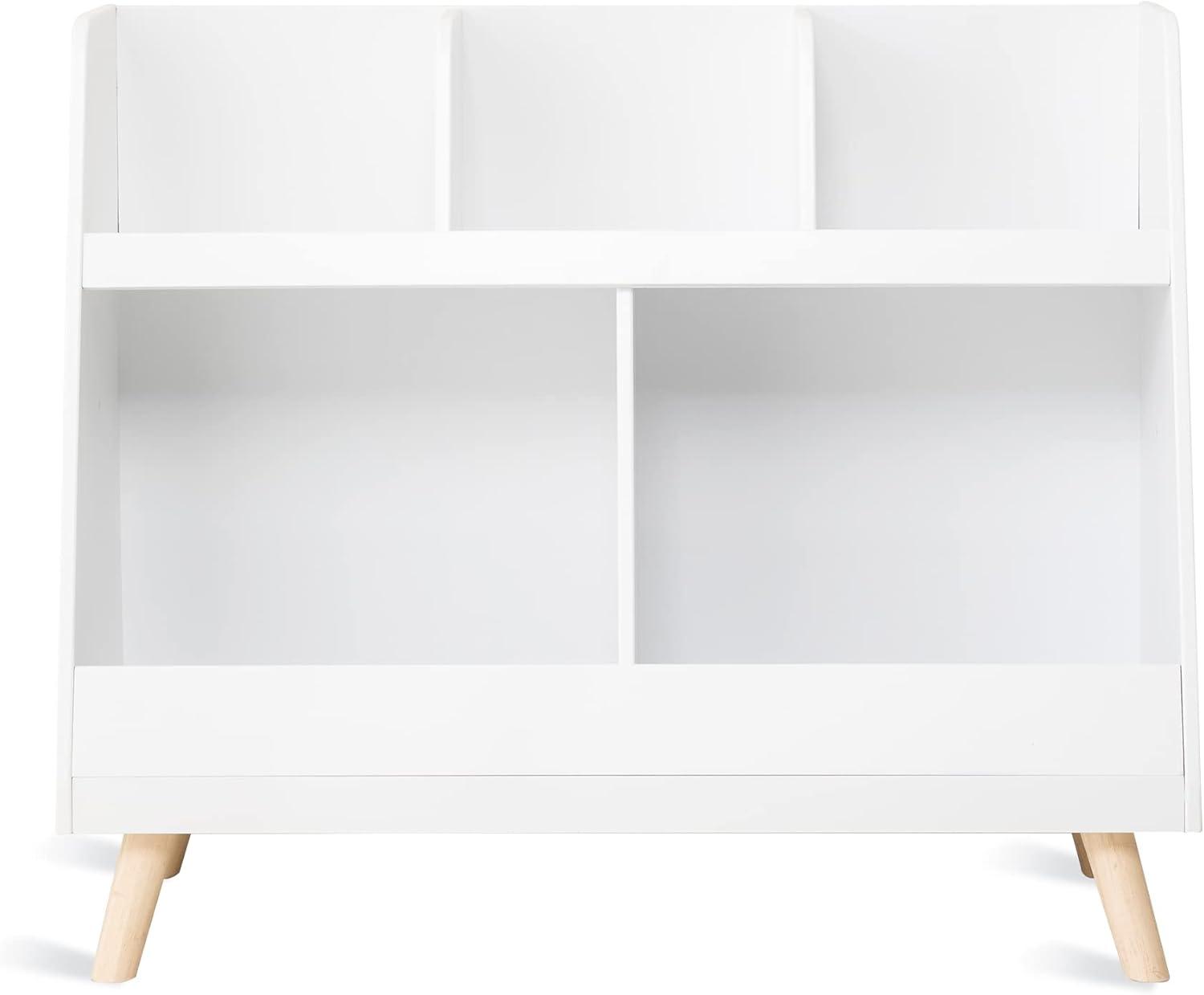 Kids Bookshelf and Toy Organizer, 5 Cubbies Wooden Open Bookcase, 2-Tier Baby Storage Display Organizer with Legs, Free Standing for Playing Room, Bedroom, Nursery, Classroom, White