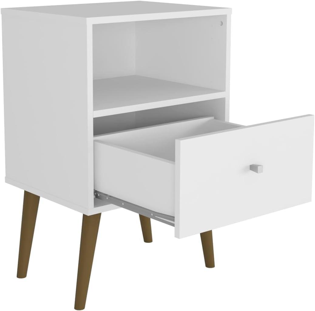 White Mid Century Modern Nightstand with Drawer and Open Shelf