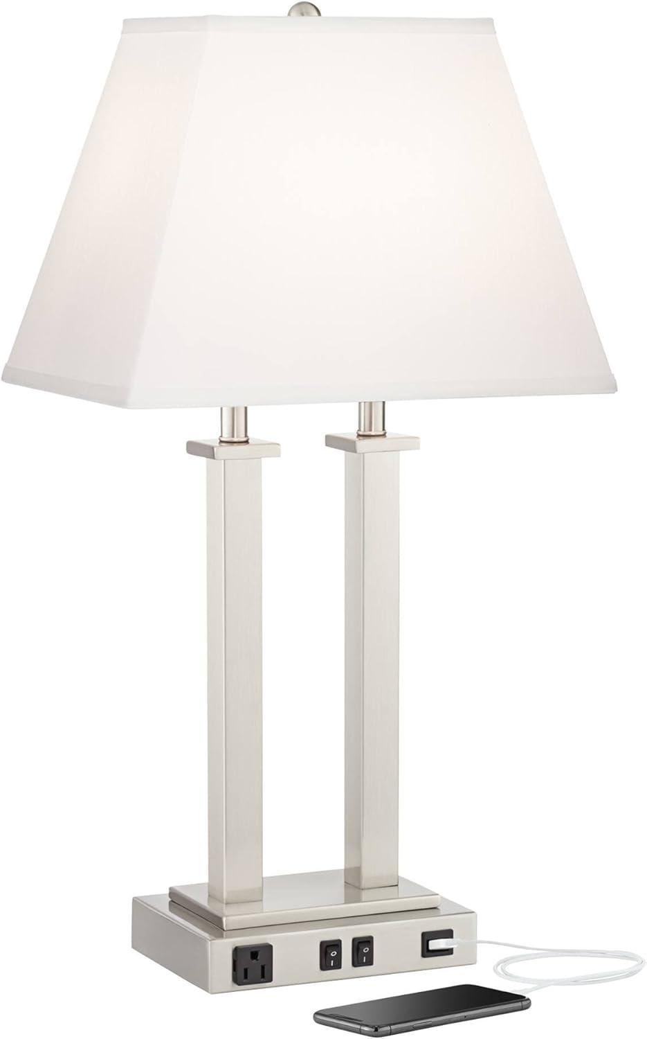 Possini Euro Design Amity Modern Table Lamp 26" High Brushed Nickel with USB and AC Power Outlet in Base White Linen Shade for Bedroom Bedside Desk