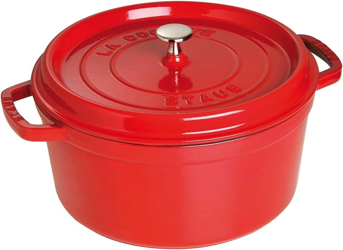 Staub Cast Iron Round Cocotte, Dutch Oven, 7-quart, serves 7-8, Made in France, Cherry