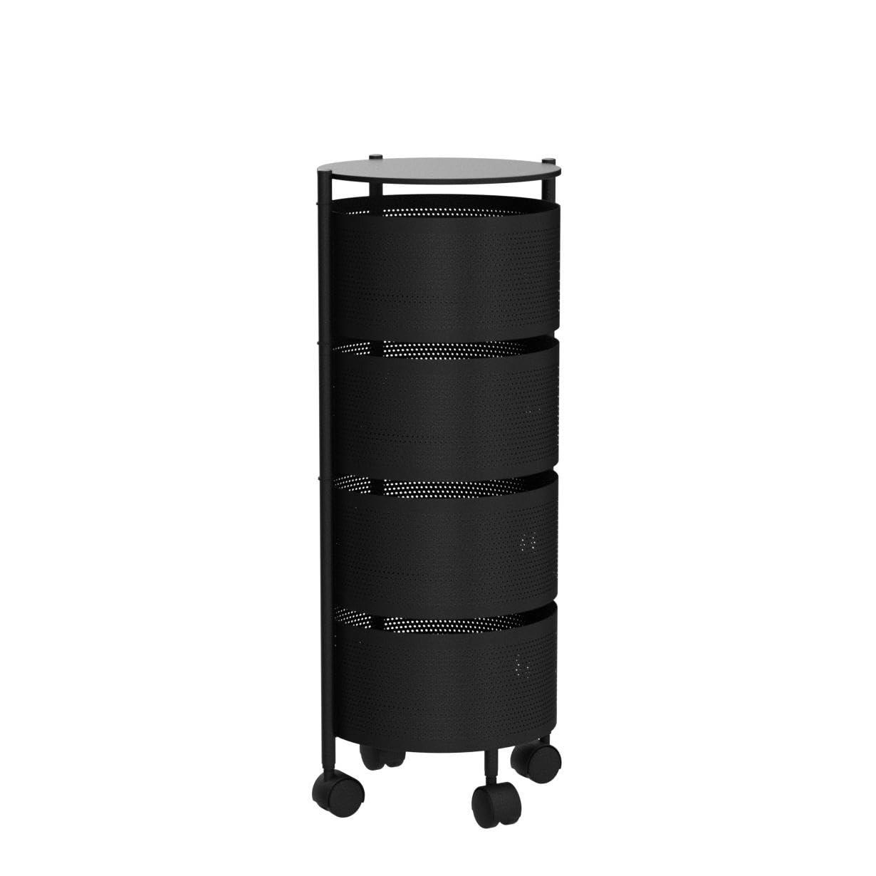 Rotating Kitchen Storage Rack No Assembly, 4-Tier Metal Storage Tower Basket Shelves Organizer on Rolling Wheels with Removal Drawers for Fruit Vegetable Grocery Corns Potato Onion (4-Tier, Black)