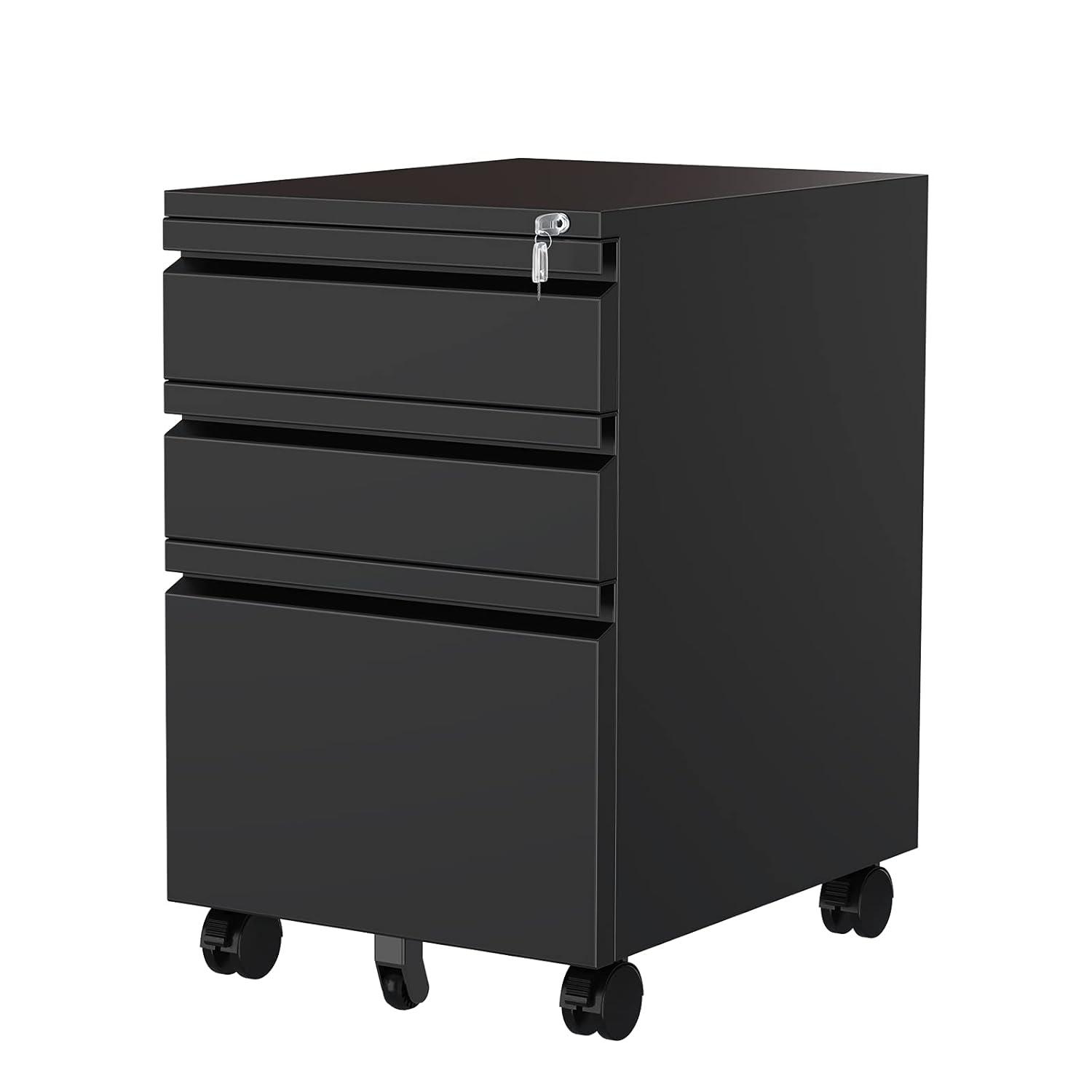 MIIIKO File Cabinet 3 Drawers on Wheels Under Desk, Black Metal Rolling File Cabinets with Lock for Home Office, Un-Assembled Filing Cabinet with Lock