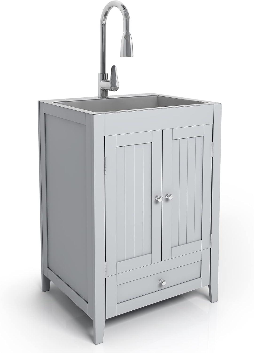 Ktaxon Laundry Cabinet with Sink, Utility Sink Grey Vanity, Stainless Steel Sink Faucet Combo, with Drawer