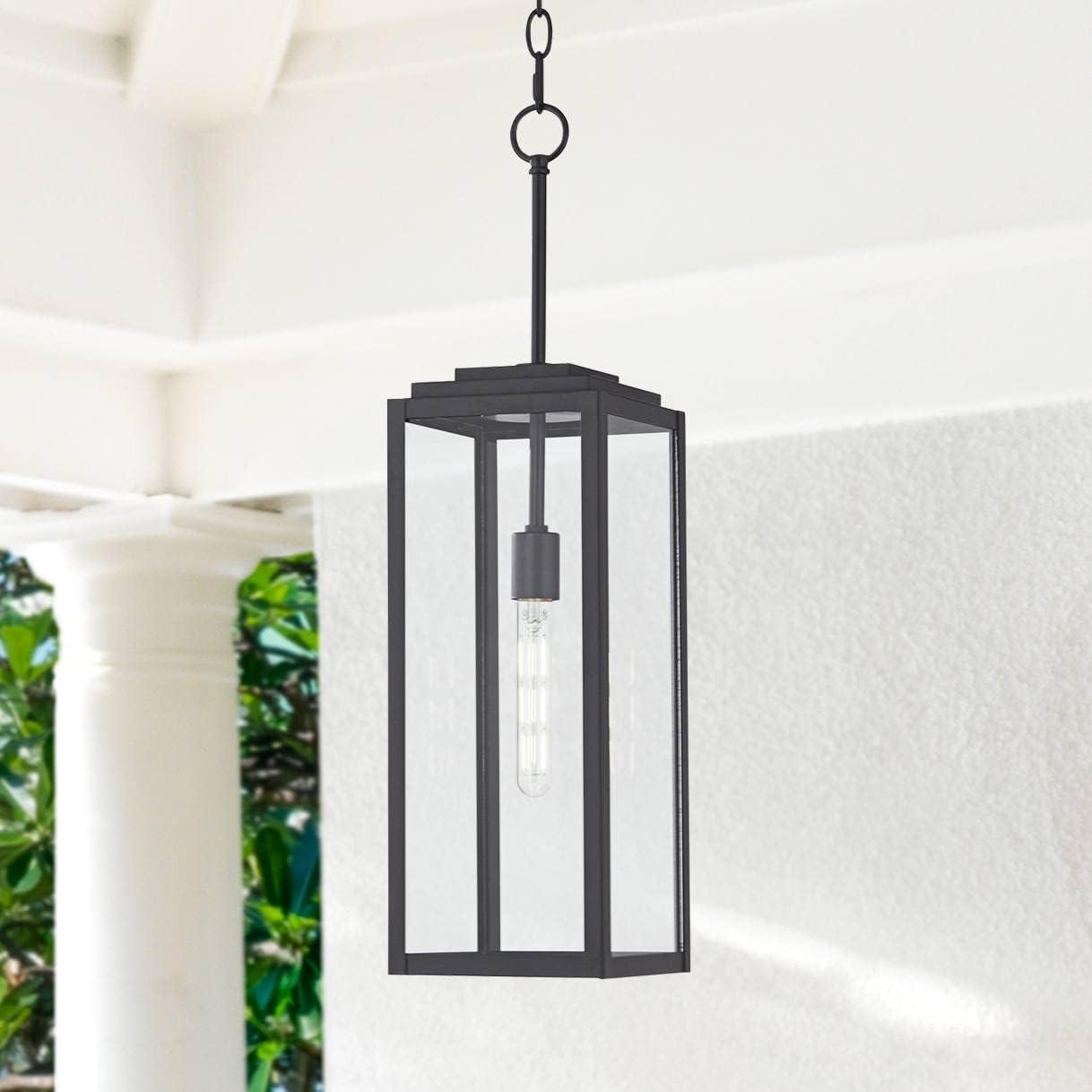 John Timberland Modern Outdoor Hanging Light Fixture Mystic Black 27 1/4" Clear Glass Panel for Exterior Barn Deck House Porch Patio Outside Garage