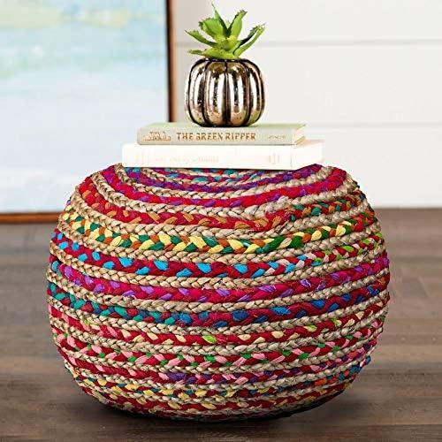 LR Home Small Braided Striped Indoor Round Pouf, Multi, 20" x 20" x 14"