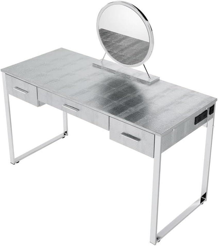 50" Myles Vanity Table Antique White, Chrome Finish - Acme Furniture: Built-in Outlet, USB, Storage