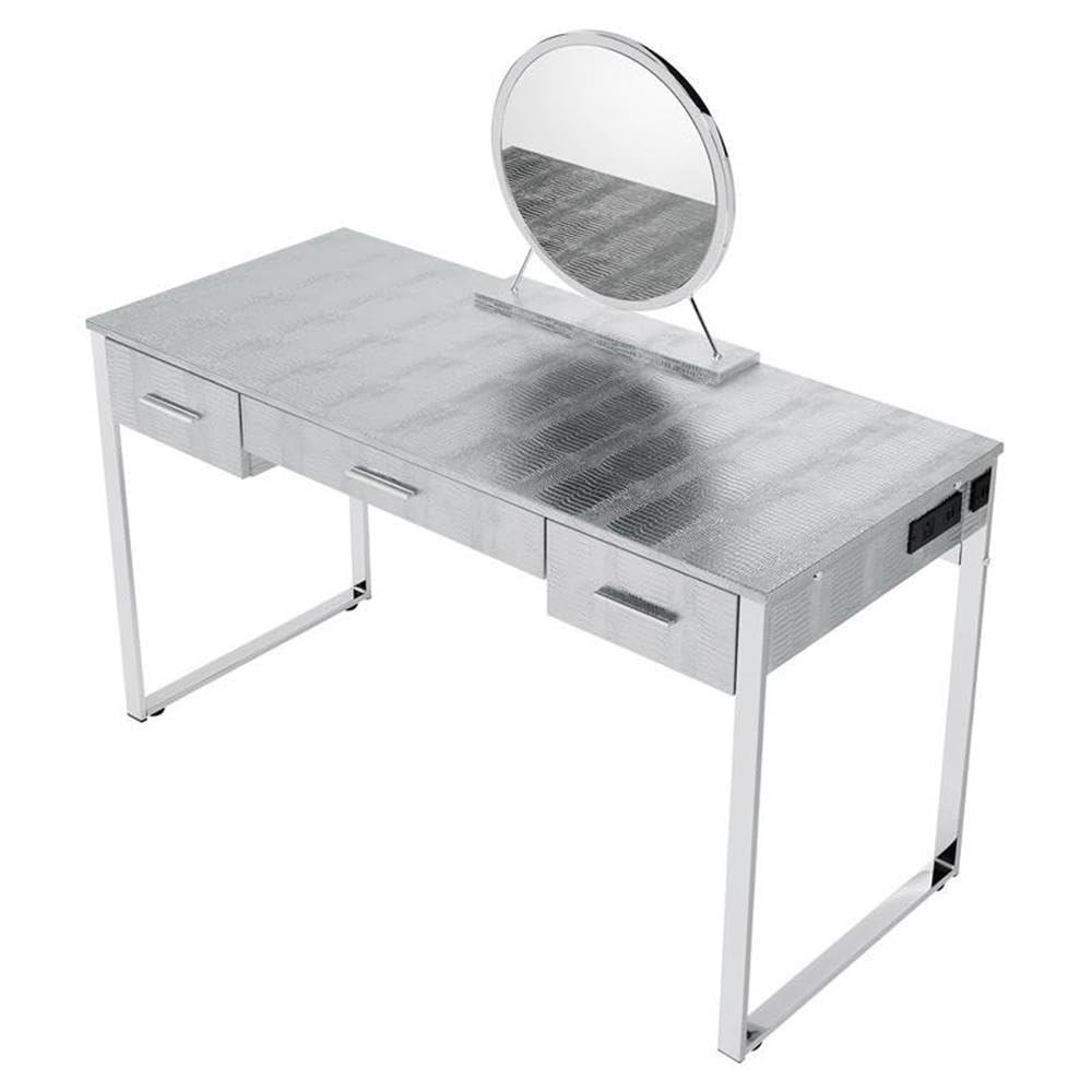 50" Myles Vanity Table Antique White, Chrome Finish - Acme Furniture: Built-in Outlet, USB, Storage