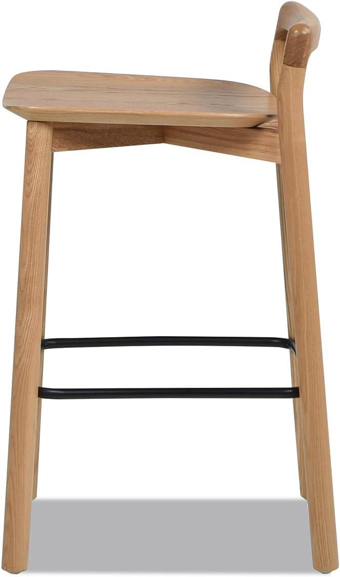 Natural Blonde Ash Wood Saddle Style Counter Stool with Black Iron Footrest