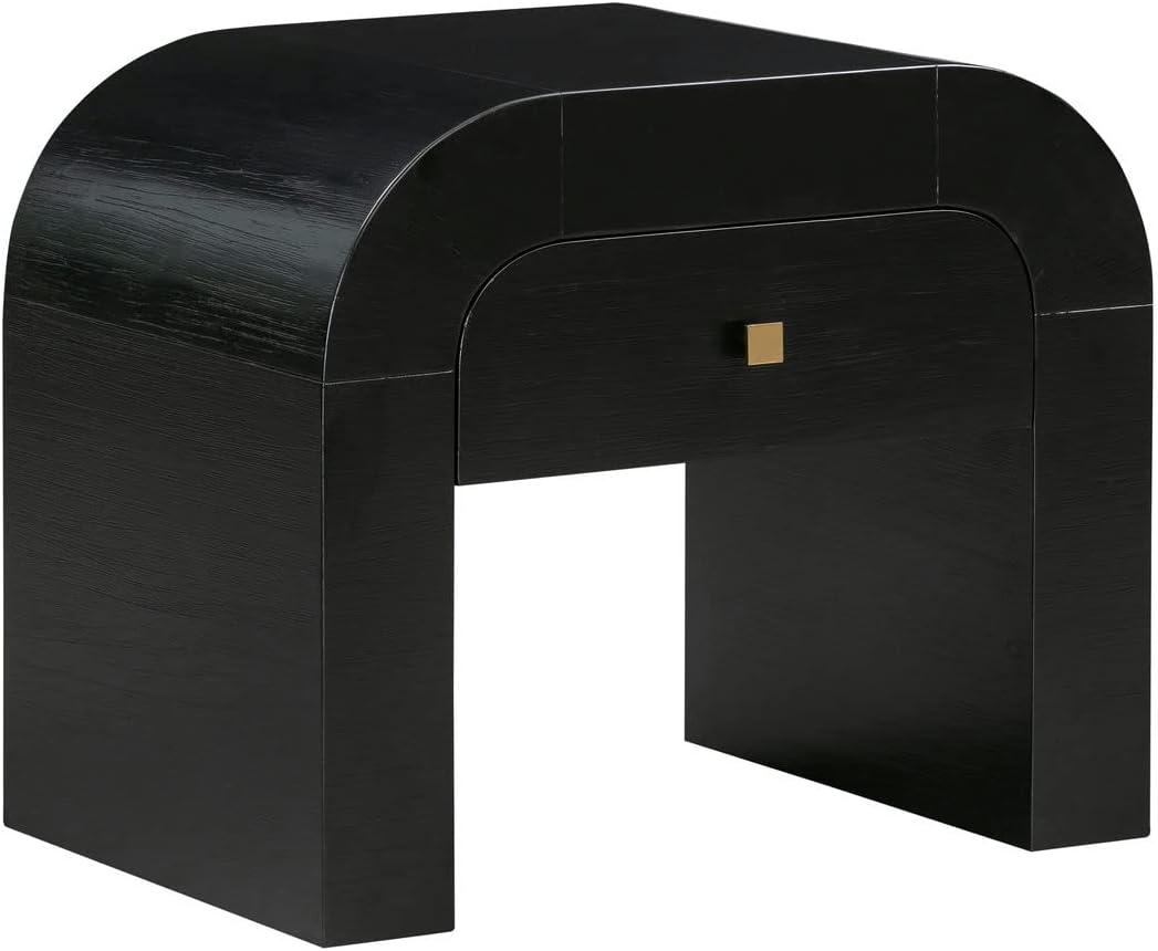 Modern Acacia Black Nightstand with Rounded Silhouette and Gold Accents