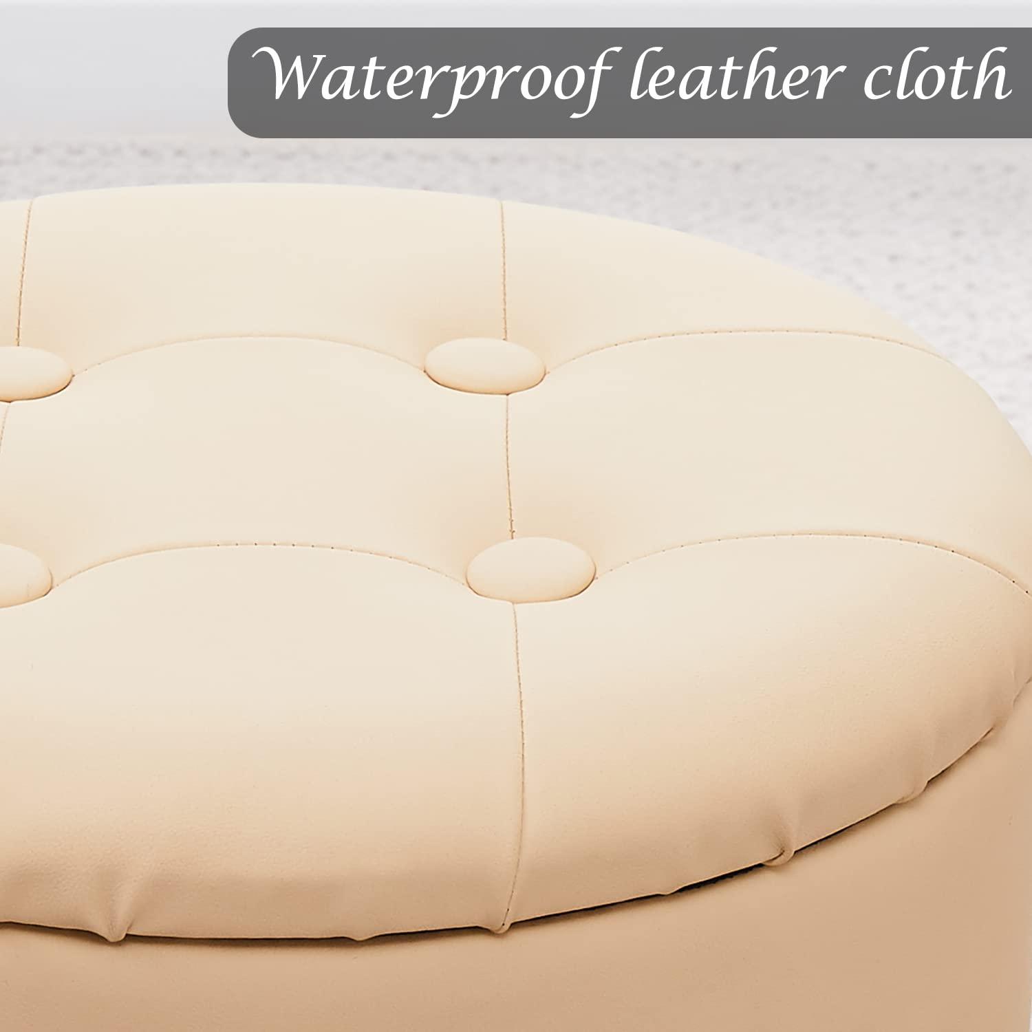 Cpintltr Storage Ottoman Oil Wax Faux Leather Round Footrest Stool Multifunctional Upholstered Ottoman with Metal Legs Modern Vanity Stools Tray Top Coffee Table for Living Room Bedroom White