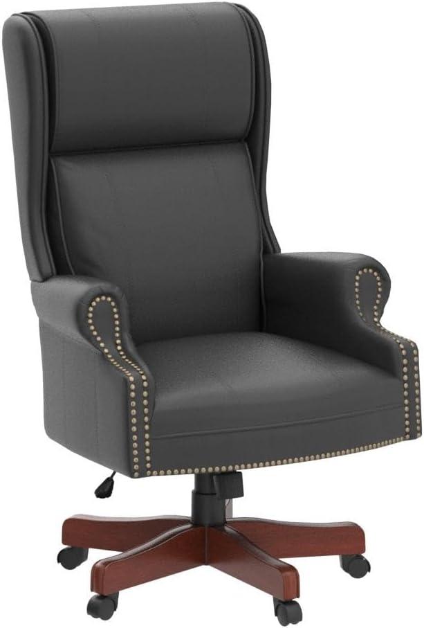Executive High Back Chair with Black Vinyl and Brass Finish Nail Trim Upholstery