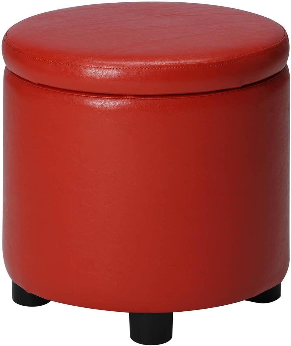 Red Faux Leather Round Storage Ottoman with Tray Lid