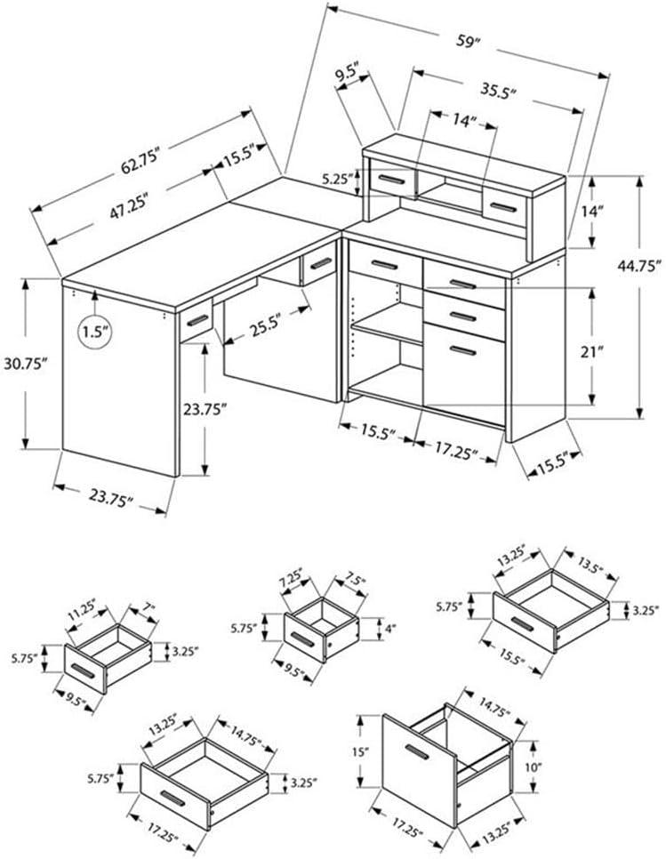 Computer Desk - L-Shaped / Corner / Hutch / 8 Drawers / 3 Cubbies / Reversible - 63"L X 59"W - Taupe Reclaimed Wood-Look