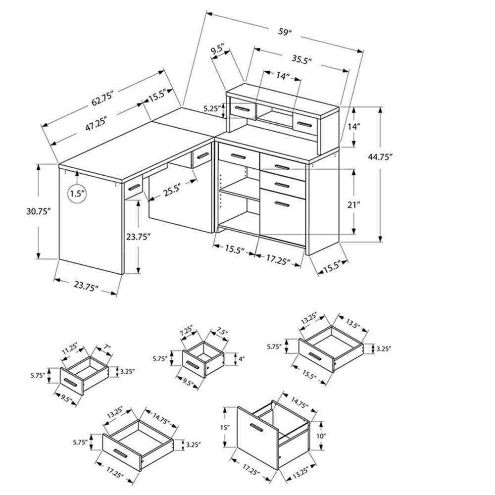 Computer Desk - L-Shaped / Corner / Hutch / 8 Drawers / 3 Cubbies / Reversible - 63"L X 59"W - Taupe Reclaimed Wood-Look