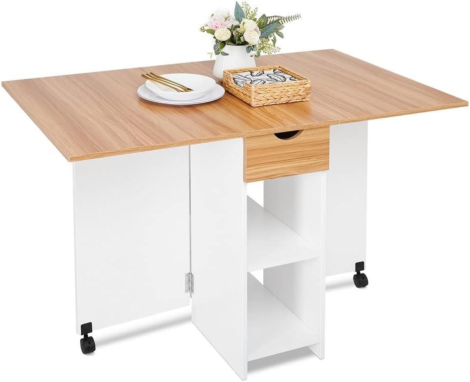 Mobile Folding Dining Table, Drop Leaf Table with 1 Drawer and 2 Open Storage Shelves for Small Space Dining Room Kitchen, White & Red Oak