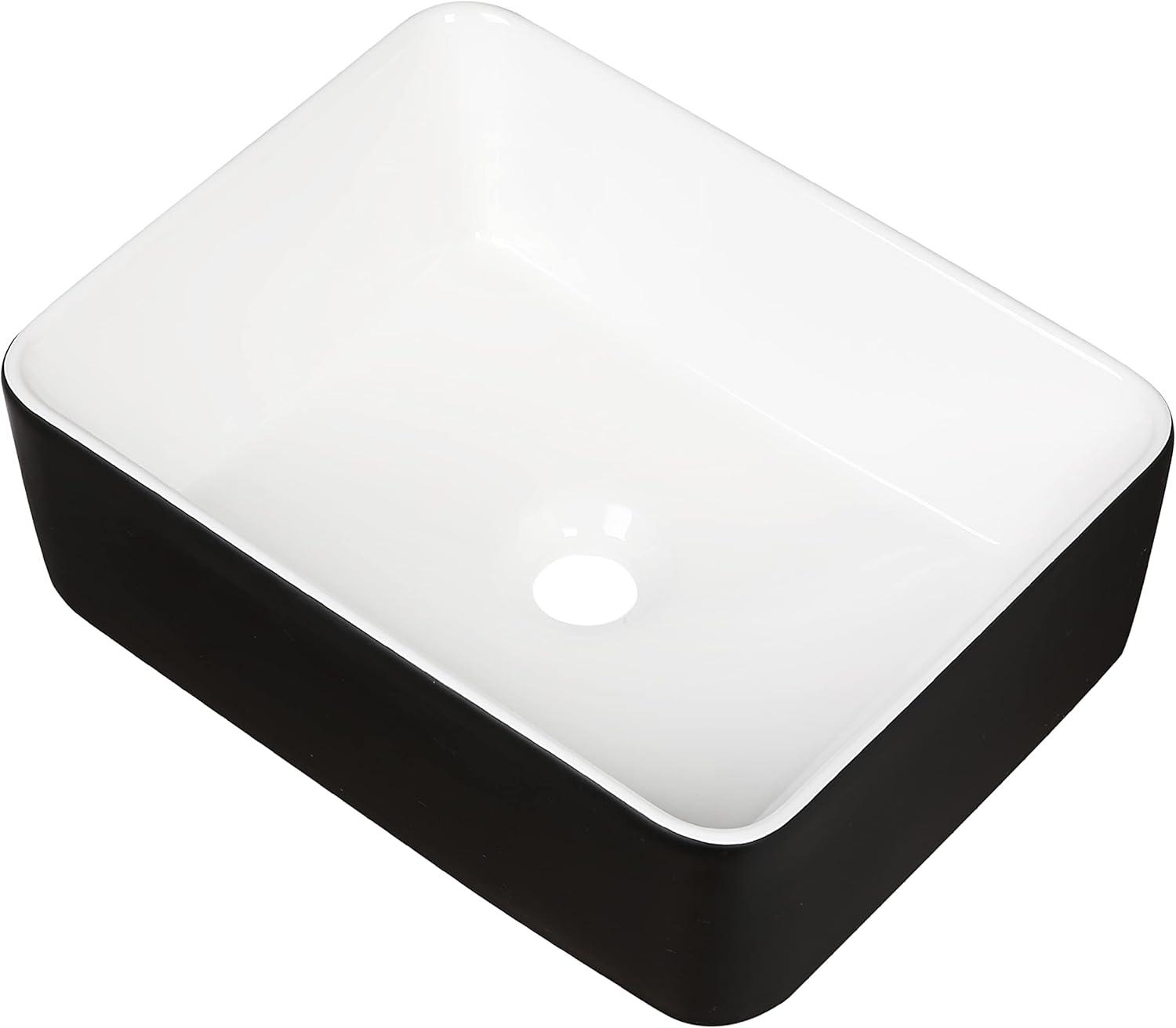 Ceramic Rectangular Bathroom Vessel Sink, Above Counter Vanity Sink with Faucet Combo, White Body with Black Trim on The Top, 16'' x 12''