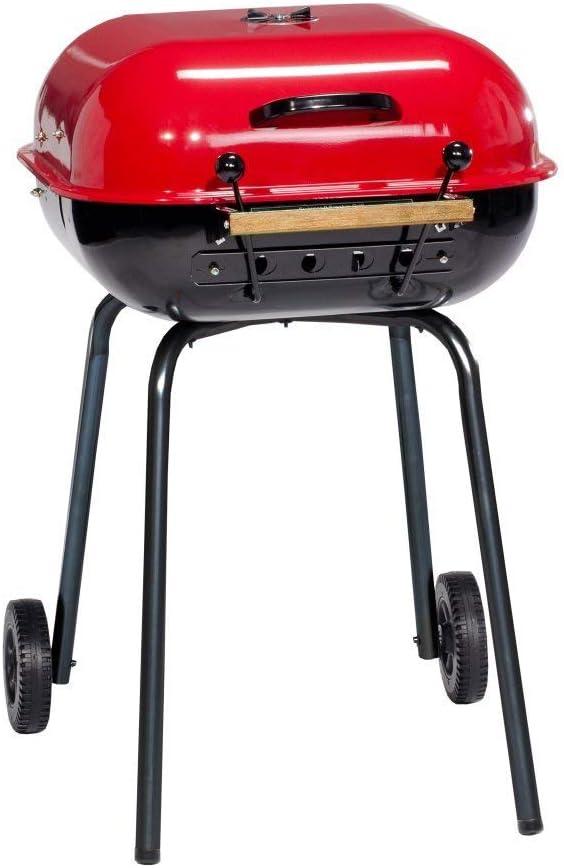 Red Charcoal Grill with Smoker and Side Tables