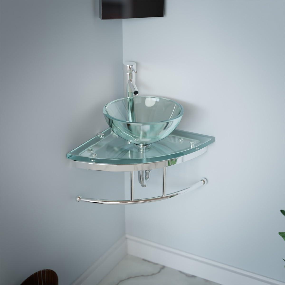 Round Corner Glass Wall Mount Bathroom Vessel Sink with Chrome Faucet Towel Bar