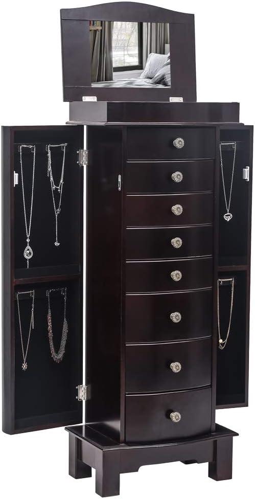 Veryke Jewelry Armoire with Mirror / 8 Drawers / 16 Necklace Hooks / 2 Side Swing Doors - Brown