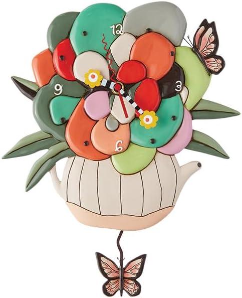 Whimsical Multicolor Teapot and Butterfly Pendulum Wall Clock