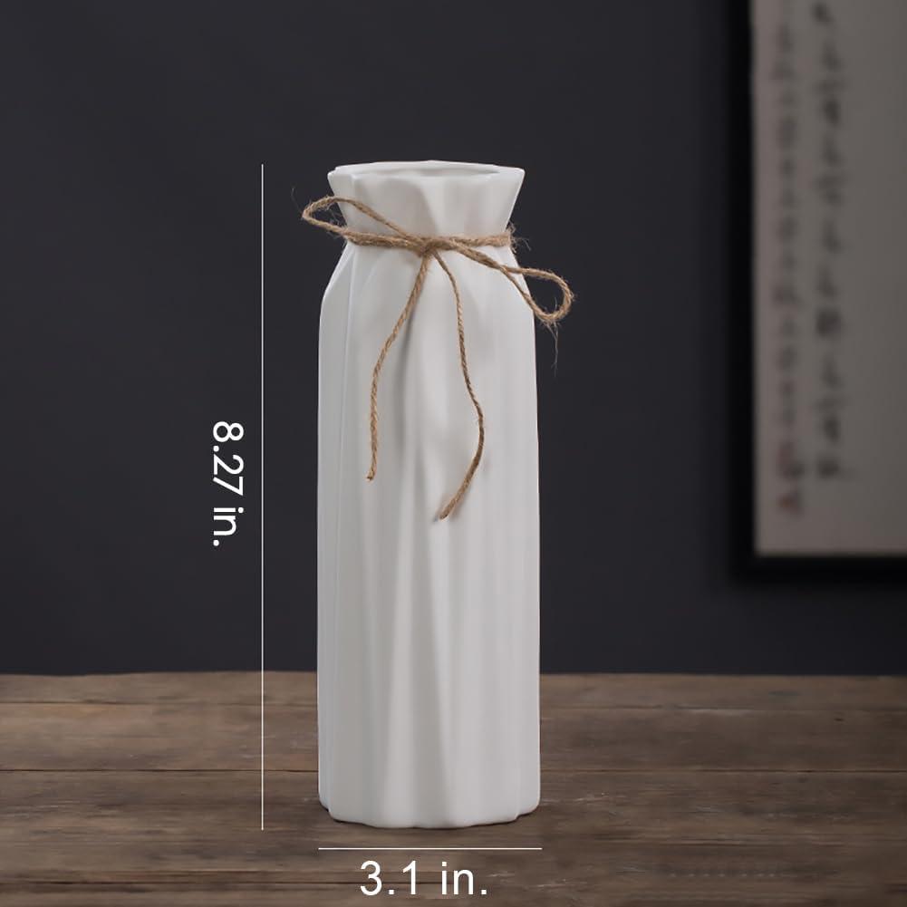 White Ceramic Textured Vase with Jute Bow, 8.27" H