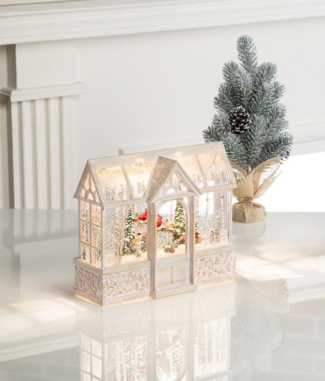 White Cardinals in Greenhouse LED Snow Globe Lantern