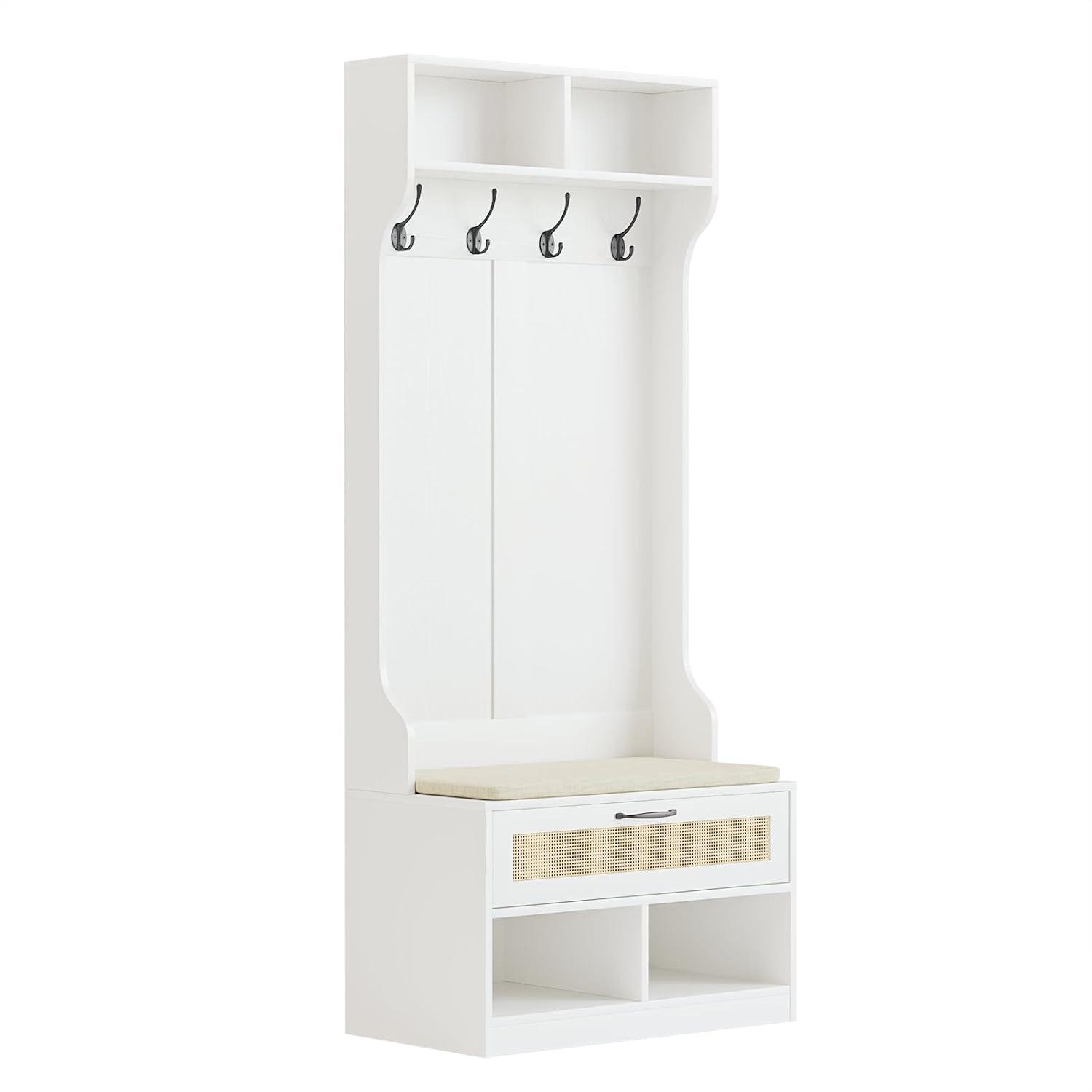 Anmytek Hall Tree with Bench and Shoe Storage, Entryway Coat Rack with 6 Compartments 4 Hooks & Rattan Door, Shoe Storage Bench with Soft Cushion for Hallway, Living Room, Mudroom