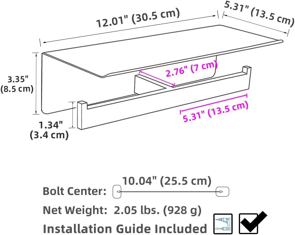 Double Toilet Paper Holder with Shelf Brushed Nickel, Modern Bathroom Accessories SUS 304 Stainless Steel Commercial Tissue Roll Dispenser Mobile Phone Storage Rack Handy Use
